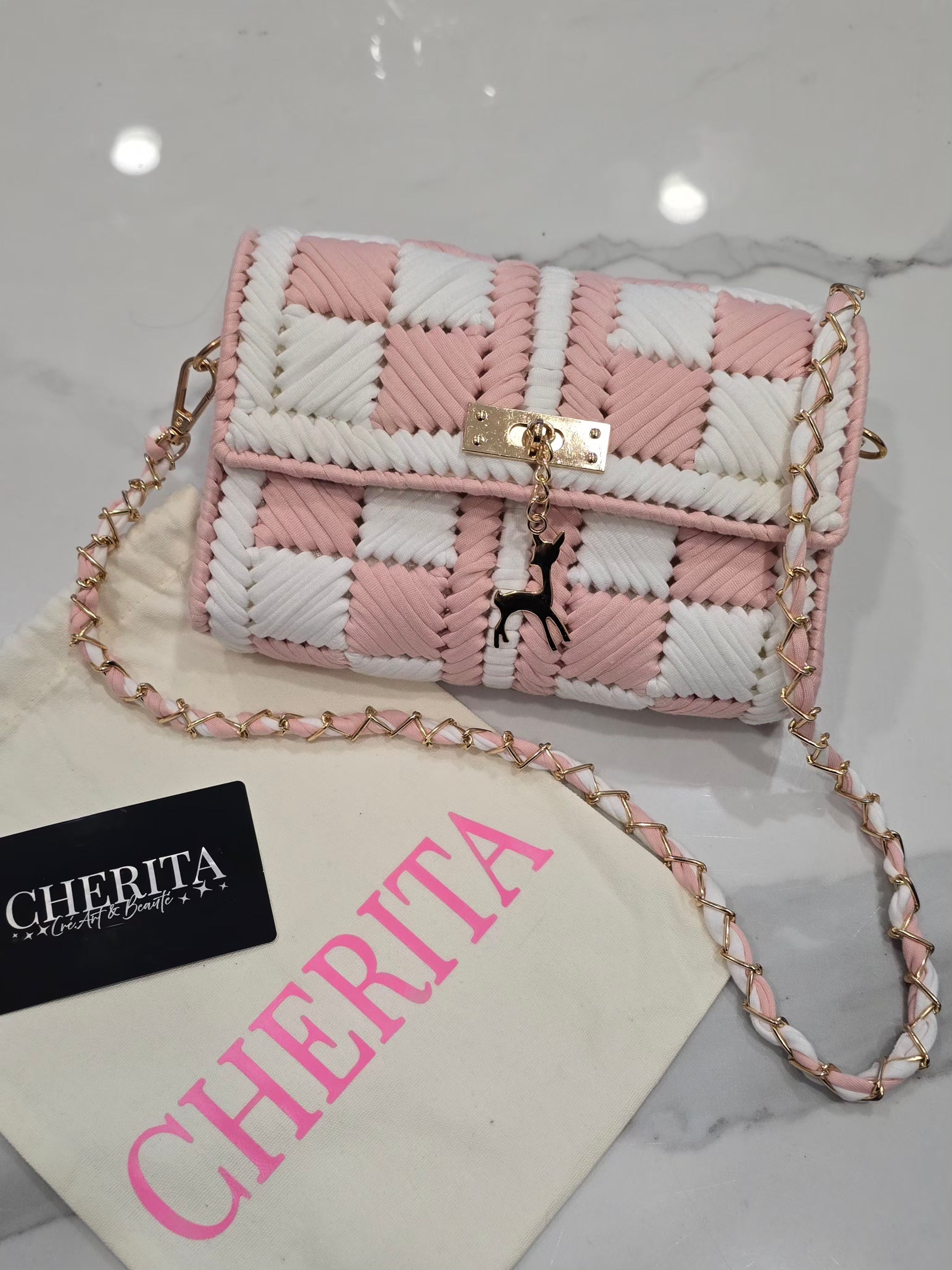 Sac rose et blanc fait main avec pochon CHERITA