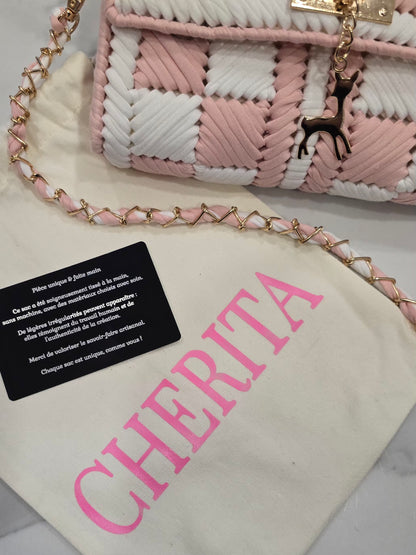 Sac tissé artisanal rose et blanc avec pochon