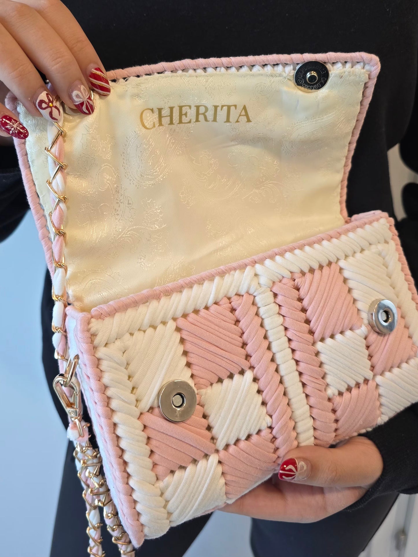 Sac tissé à la main rose et blanc CHERITA